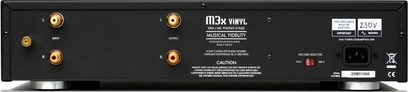M3x Vinyl phono-forforstærker sort med forgyldte RCA-stik til indgang og udgang, spændingsvælger, strømstik og påskrifter