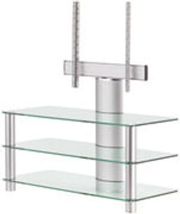 TV-møbel i glas og børstet metal med 3 rektangulære hylder og cylindriske, lodrette stænger, set fra 3/4 vinkel