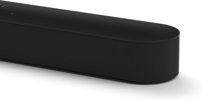 Sonos Beam sort soundbar, set forfra, rektangulær forlænget form med afrundede hjørner, ensartet mat sort overflade