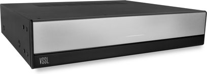 VSSL A.6 stereo hi-fi-forstærker, mat sort kabinet, børstet aluminiumsfront i sølv, indgraveret logo, rent design
