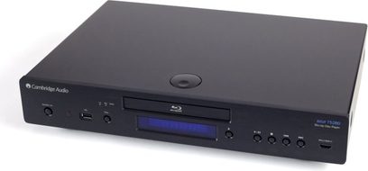 Cambridge Audio Azur 752BD 4K Blu-ray-afspiller sort, frontvisning, sort front med blåt display, knapper og diskskuffe