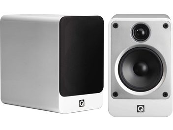 Diffusore da libreria Q Acoustics Concept 20 bianco, vista frontale e laterale, cabinet laccato bianco, altoparlante nero