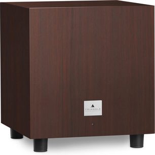 Subwoofer Tales 340 Triangle in legno scuro, vista frontale, logo argentato, piedini neri, forma cubica
