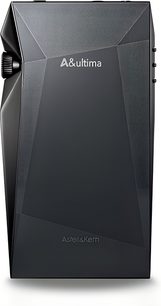 Lettore audiofilo Astell&Kern SP4000 in alluminio nero opaco, vista posteriore leggermente di tre quarti a sinistra, pannelli geometrici testurizzati, rotella del volume zigrinata a sinistra e tre pulsanti rotondi sul lato destro