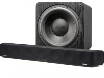 Čierny soundbar Sennheiser AMBEO so subwooferom SVS v čiernom drevenom vyhotovení, pohľad spredu