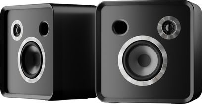 Zwarte EverSolo SE100 boekenplankspeakers, glanzend kubusdesign, frontpaneel met woofer omlijst door zilverkleurig metaal