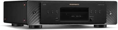 Μαύρος δίσκος CD Marantz CD60, μπροστινή όψη, μπλε οθόνη LED, ματ και γυαλιστερή μαύρη πρόσοψη, ασημί κουμπιά και θύρες σύνδεσης