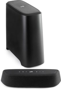 Polk Audio MagniFi Mini AX soundbar i sort, set forfra og ovenfra, med sort fjernbetjening placeret ovenpå