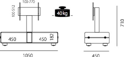 Teknisk diagram med dimensioner i millimeter af et Spectral Curve QX111 TV-møbel set forfra og fra siden, kapacitet 40 kg