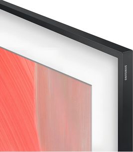 Samsung The Frame TQ55LS03HA-tv med fin sort ramme, nærbillede fra vinkel og skærm i koralrosa maleristil