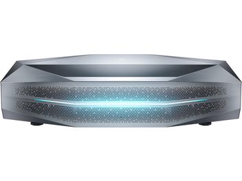 Proyector AWOL Vision Aetherion Max gris antracita, frontal angular perforado con banda luminosa azul en vista frontal