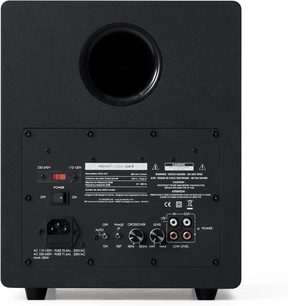 Svart Elipson Classic Sub 8 subwoofer, sett bakfra med rund bassrefleksport, RCA-kontakter og justeringsknapper