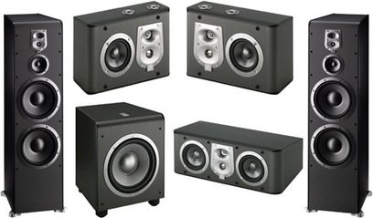 Pacchetto di diffusori a colonna JBL ES100 neri, vista frontale, composto da 2 colonne, 2 diffusori surround e 1 diffusore centrale