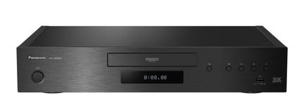 Juodas metalo šepetėlio Blu-ray grotuvas su centrine dėkle, ekranu, mygtukais ir USB jungtimi dešinėje, įjungimo mygtuku kairėje