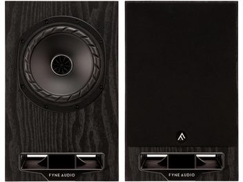 Bogreolshøjttaler Fyne Audio F5E, set forfra, mørk træfinish, centralt højttalerelement, aftagelig sort frontgrill