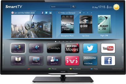 Philips 32PFL4258H TV, fladskærm, set forfra med SmartTV-brugergrænseflade med forskellige apps og funktioner