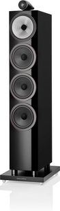 Sloupcový reproduktor Bowers & Wilkins 702 S3 v černé lakové úpravě, pohled zepředu, 4 kulaté reproduktory, výškový reproduktor nahoře