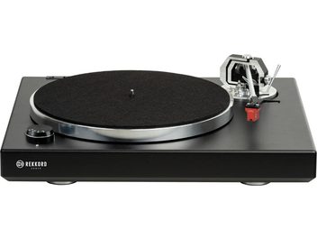 Czarna matowa wkładka gramofonowa Rekkord Audio M600 z wkładką Quintet Red, widok z góry pokazujący talerz i ramię odczytu