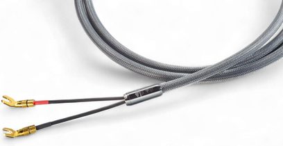 Siltech Explorer180L højttalerkabel 2x2,5 m, grå flettet kappe, metal-Y, to sorte ledere med forgyldte gaffelstik
