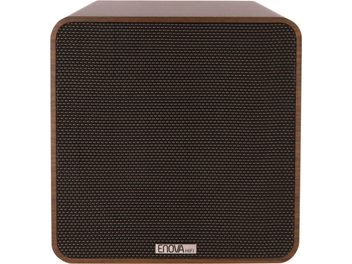 Enova HIFI Vela Sub 8A subwoofer, frontvisning, sort tekstureret gitter, afrundet træramme, metal-logo nederst
