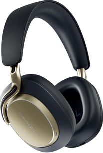 Bowers & Wilkins Px8 S2 hi-fi hovedtelefoner i midnatblå, mørkeblå hovedbøjle og ørepuder, gyldne ørekapsler set fra tre kvarter