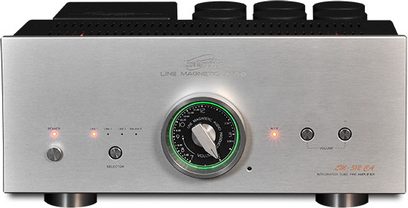 Line Magnetic LM-512CA stereoforforstærker, front i børstet aluminium, drejekontakter, forgyldte stik, sort kabinet
