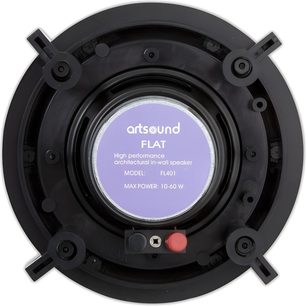 Cassa acustica da incasso a soffitto ArtSound FL401 rotonda nera vista posteriore con etichetta centrale viola morsetti rosso e nero