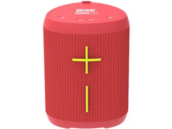 Enceinte bluetooth Yourban Getone 20 rouge, vue de face, forme cylindrique, tissu rouge, boutons blancs, symboles jaunes