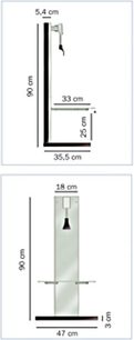 Erard Be Bop 2465 audio-videomøbel med dimensioner i cm, set forfra og fra siden, todelt, i glas og metal