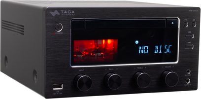 Sistema audio "tutto in uno" alta fedeltà Taga Harmony HTR-1000CD V.3 nero, vista frontale, display LED rosso "NO DISC"