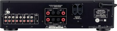 Onkyo A-9355 sort hi-fi stereoforstærker, bagside, audio- og højttalertilslutninger, kontakter og strømstik