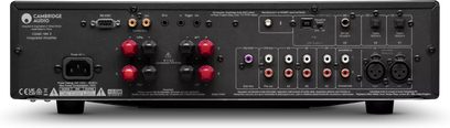 Cambridge Audio CXA81 MkII sort integreret stereoforstærker, set bagfra med terminaler, RCA-, USB- og XLR-indgange