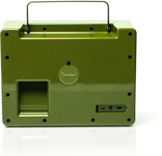 Cassa Bluetooth portatile Tivoli SongBook verde in plastica lucida, vista posteriore, maniglia metallica, porte USB-C e USB