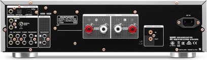 Marantz PM7005 hopeanvärinen stereo-vahvistin, etupuoli jossa on äänikytkennät ja säädöt, etunäkymä