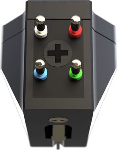 Pick It MC9 buňka pro hi-fi gramofon, pohled ze spodní strany, pozlacené kovové konektory s barevným kódováním červená, zelená, modrá, bílá