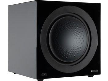 Monitor Audio Anthra W15 subwoofer in black lacquer, cubic design, circular driver, metal grille