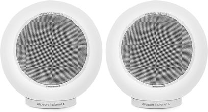 Elipson Planet L Performance 2.0 boekenplankluidsprekers mat wit, bolvormig ontwerp, ronde metalen grill, cilindrische voet
