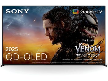 Televizor Sony BRAVIA 8 II K65XR8 high-definition, negru, cu ramă metalică ultra-subțire, ecran plat QD-OLED afișând un poster de film, vedere din față
