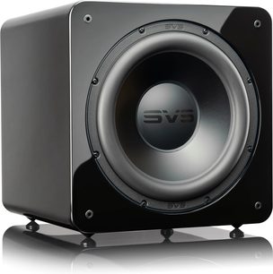 Subwoofer SVS SB-2000 Pro in nero lucido, vista frontale, griglia nera con logo SVS argentato al centro