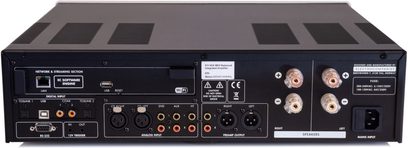 Hi-fi stereo zesilovač Electrocompaniet ECI-6DX MKII černý, čelní panel s konektory, tlačítky a kontrolkami, pohled zepředu