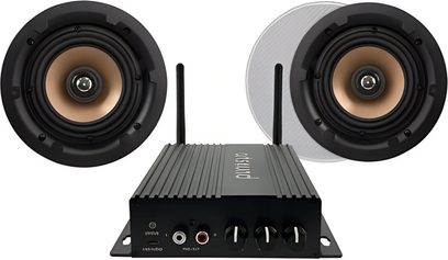 ArtSound SMART HPRO525-sæt med to runde væghøjttalere med kobberfarvet kegle og sort forstærker med antenner