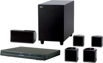 Jamo A 102 HCS 12 sort hjemmebiograf-system i sort, bestående af en subwoofer, 4 satellithøjttalere og en DVD-afspiller