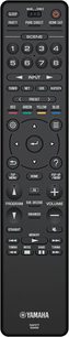 Télécommande noire Yamaha RX-A4A avec de nombreux boutons, pavé directionnel et molette de volume