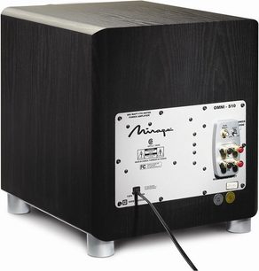 Mirage Omni S10 black subwoofer, front view, control panel with knobs and connectors on the front