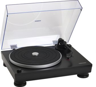 Audio Technica AT-LP5 sort pladespiller set forfra i gennemsigtig kabinet med pickup-arm