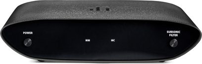 Předzesilovač gramofonu iFi Audio Zen Air Phono černý, pohled zepředu, s ovládacími tlačítky "MM/MC" a "Subsonický filtr"