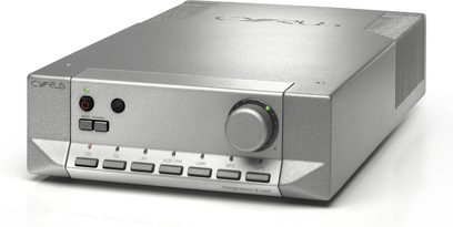 Integreret Cyrus 8 VS2 sølvfarvet stereo hi-fi-forstærker, set forfra, frontpanel med knapper, drejeknap og hovedtelefonstik