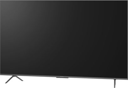 Panasonic TV-85W95BEG sort fjernsyn i høj opløsning med tynd metalramme og to vinklede fødder, set fra tre kvart forfra