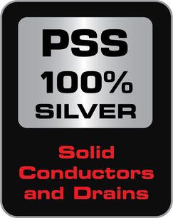 Czarna i szara prostokątna etykieta "PSS 100% SILVER Solid Conductors and Drains" na czarnym tle