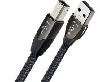 Cavo USB Audioquest Carbon da 0,75m da A a B, connettori USB placcati argento, guaina intrecciata nera, terminali metallici con logo Audioquest